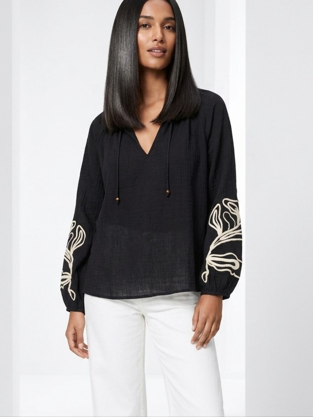 H & M Gauze Blouse Black White Swirl String Pattern